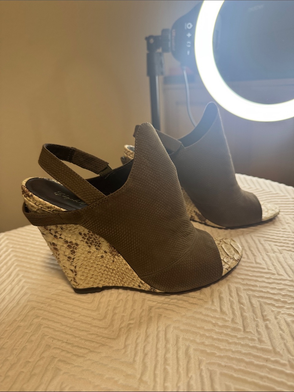 Elizabeth and James Olive Open-Toe Wedge Sandals with Snake-Print Heel